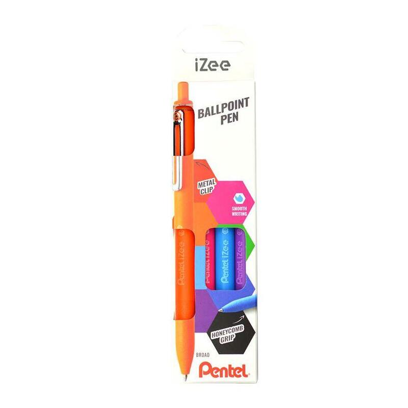 pentel-izee-pack-de-4-boligrafos-de-bola-retractiles-punta-07mm-trazo-035mm-clip-de-metal-colores-naranja