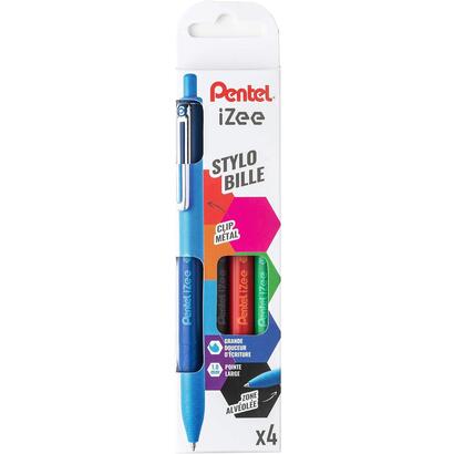 pentel-izee-pack-de-4-boligrafos-de-bola-retractiles-punta-07mm-trazo-035mm-clip-de-metal-colores-negro