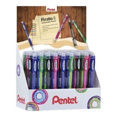 pentel-fiesta-ii-expositor-de-36-portaminas-hb-05mm-con-goma-incluye-2-recargas-grip-de-goma-diseno-ergonomico-