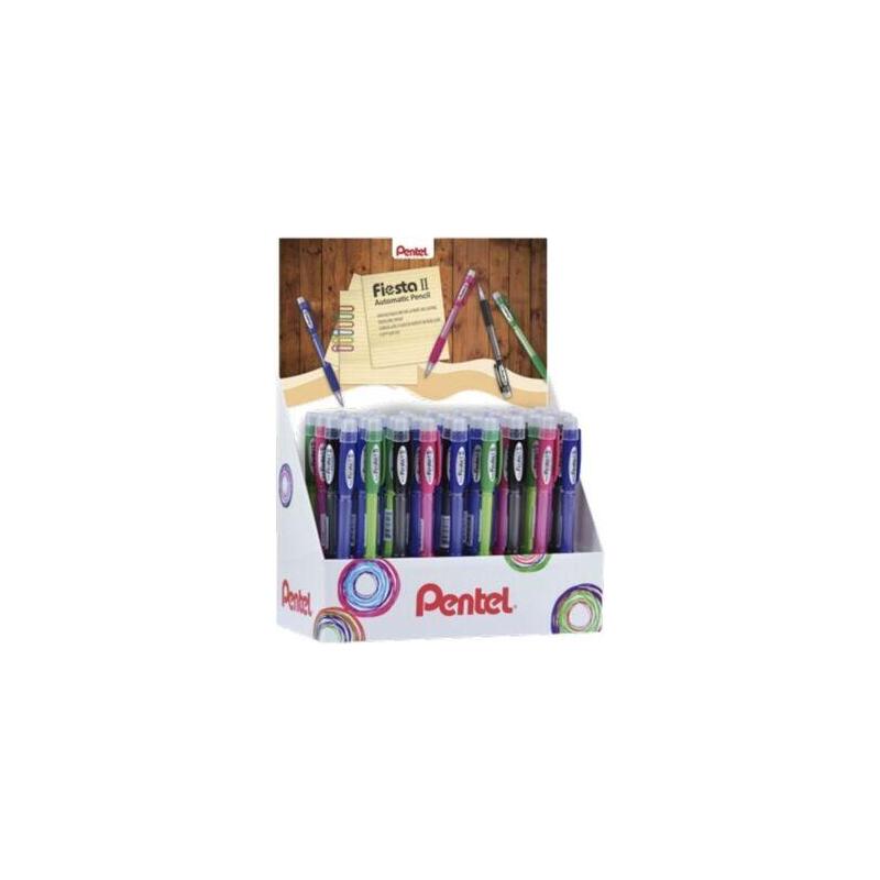 pentel-fiesta-ii-expositor-de-36-portaminas-hb-05mm-con-goma-incluye-2-recargas-grip-de-goma-diseno-ergonomico-