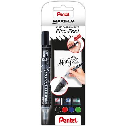 pentel-maxiflo-flex-feel-pack-de-4-rotuladores-para-pizarra-blanca-punta-flexible-46mm-dosificacion-de-tinta