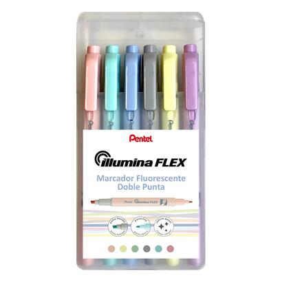 pentel-illumina-flex-pack-de-6-marcadores-fluorescentes-doble-punta-biselada-trazo-entre-15-a-35mm-conica-trazo