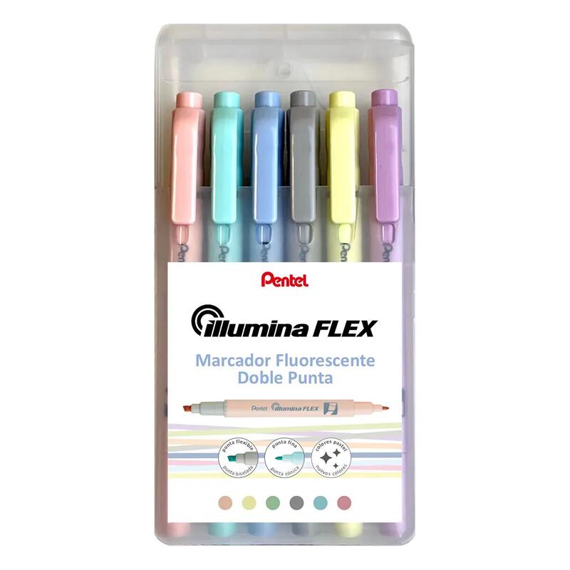 pentel-illumina-flex-pack-de-6-marcadores-fluorescentes-doble-punta-biselada-trazo-entre-15-a-35mm-conica-trazo