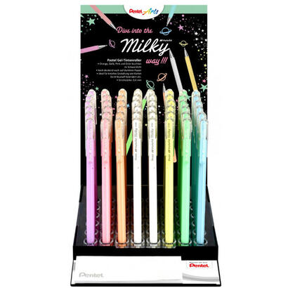 pentel-hybrid-milky-expositor-de-48-boligrafos-de-bola-punta-fina-08mm-trazo-04mm-tinta-de-gel-opaca-colores