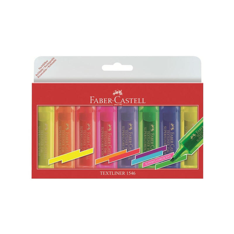 faber-castell-textliner-46-superfluorescente-pack-de-8-marcadores-fluorescentes-punta-biselada-trazo-entre-1mm-y