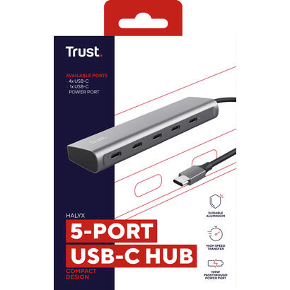 hub-usb-c-trust-halyx-aluminio-usb-c-a-4-puertos-usb-c-y-1-usb-c-pass-through-de-100w