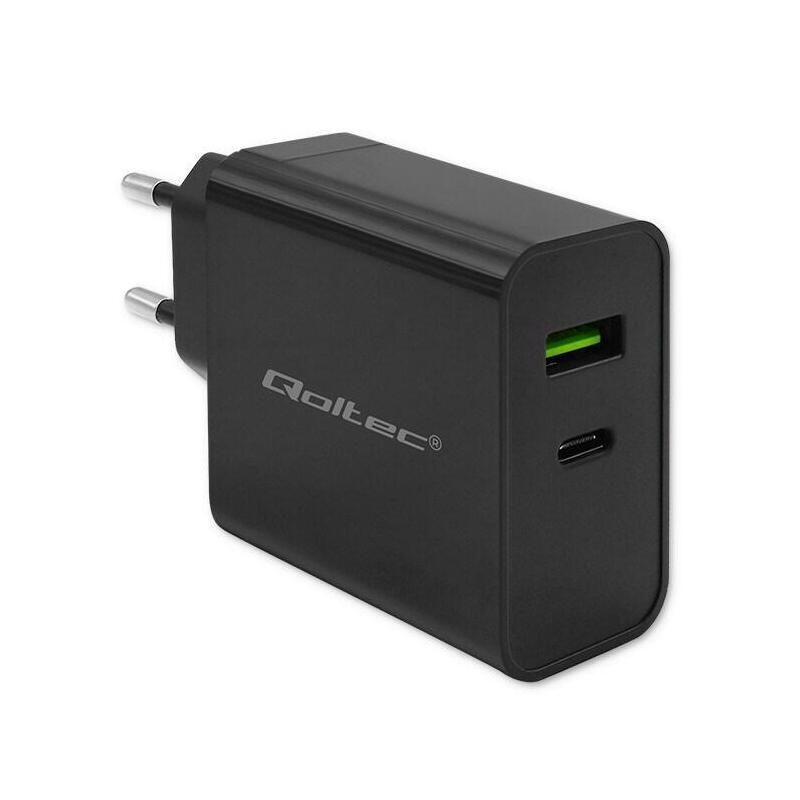 qoltec-52378-super-quick-pd-charger-1xusb-c-1xusb-45w-5-20v-225-3a-black