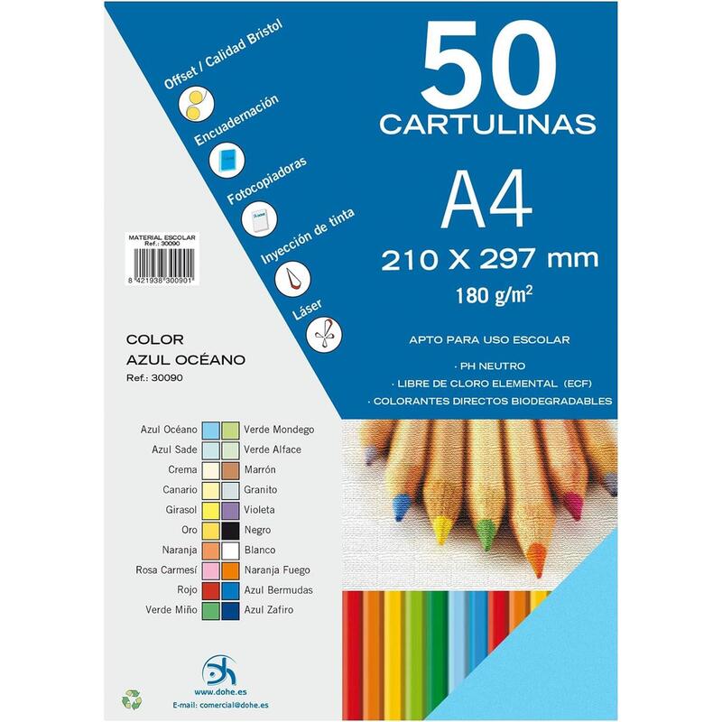 dohe-pack-de-50-cartulinas-a4-180-gm-aptas-para-impresion-ph-neutro-libres-de-cloro-elemental-color-azul