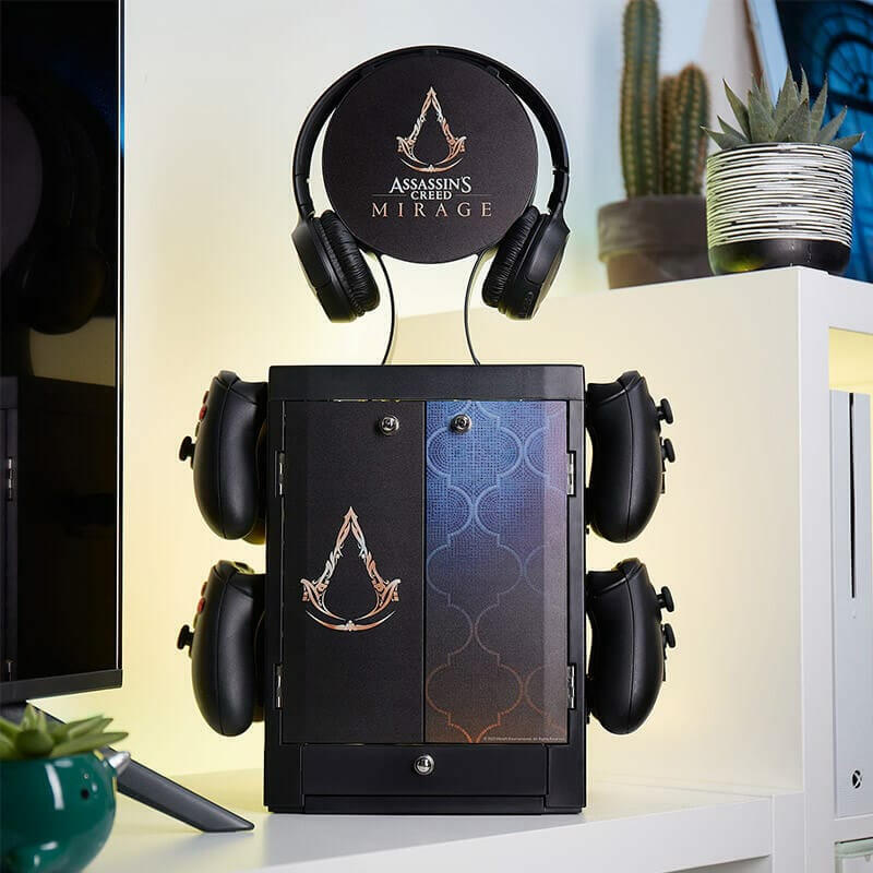 numskull-games-official-assassin-s-creed-mirage-gaming-locker-torre-de-juegos-y-soporte-de-carga