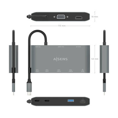 aisens-usb-c-dock-8-en-1-usb-c-a-1xhdmi-1xvga-1xrj45-2xusb-a-2xusb-c-5g-1xusb-c-pd-20cm-gris
