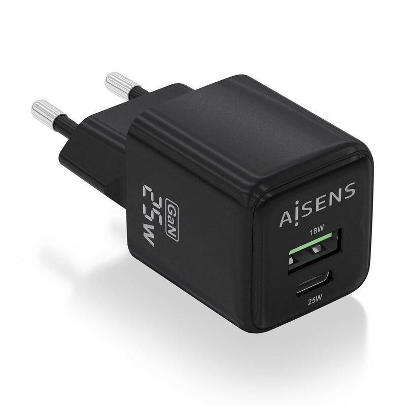 aisens-cargador-gan-de-pared-1xusb-tipo-c-1xusb-25w-asch-25w2p015-bk