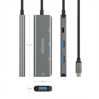 aisens-hub-usb-32-gen2-10g-usb-c-usb-cm-1xusb-ch-3xusb-ah-15cm-gris