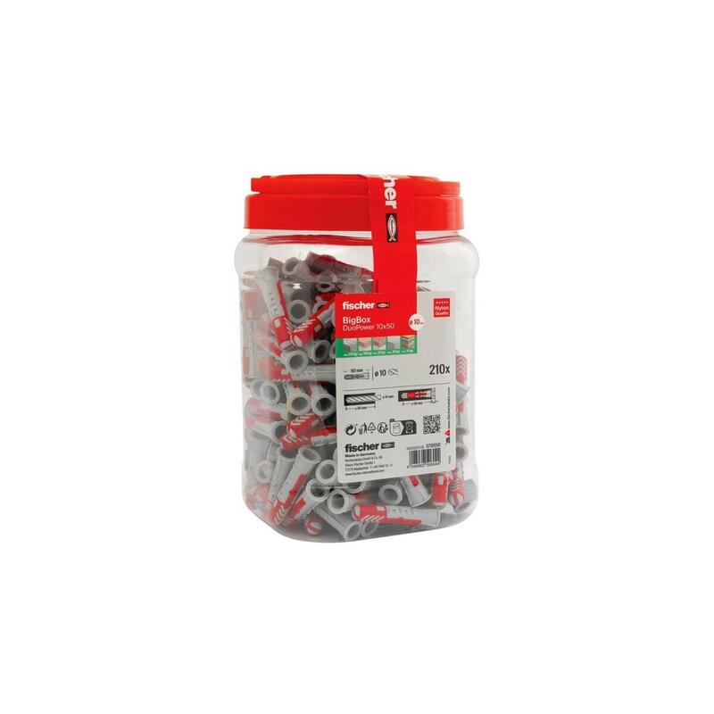 fischer-dabel-duopow-10x50-bigbox-gris-clarorojo-210-piezas-lata-recuperable-570550