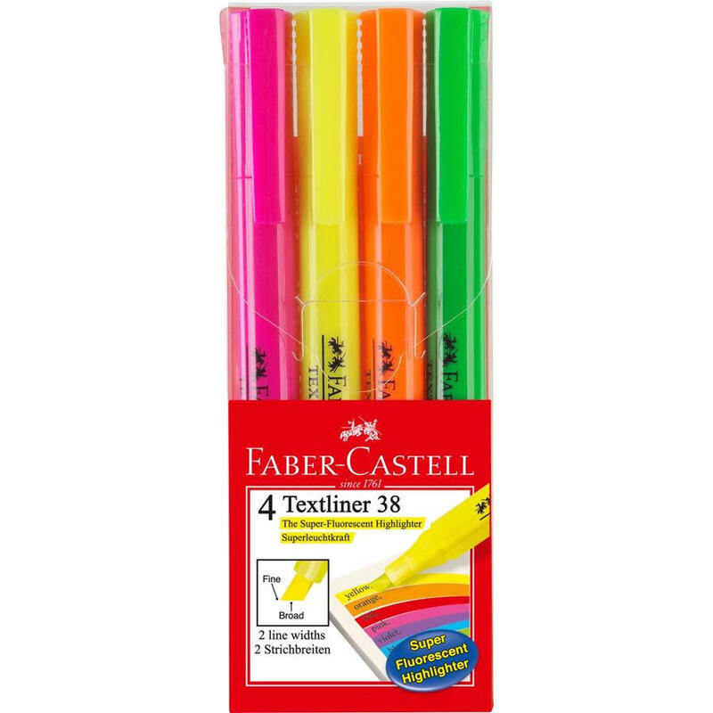 faber-castell-textliner-38-pack-de-4-marcadores-fluorescentes-cuerpo-fino-punta-biselada-trazo-grueso-y-fino-