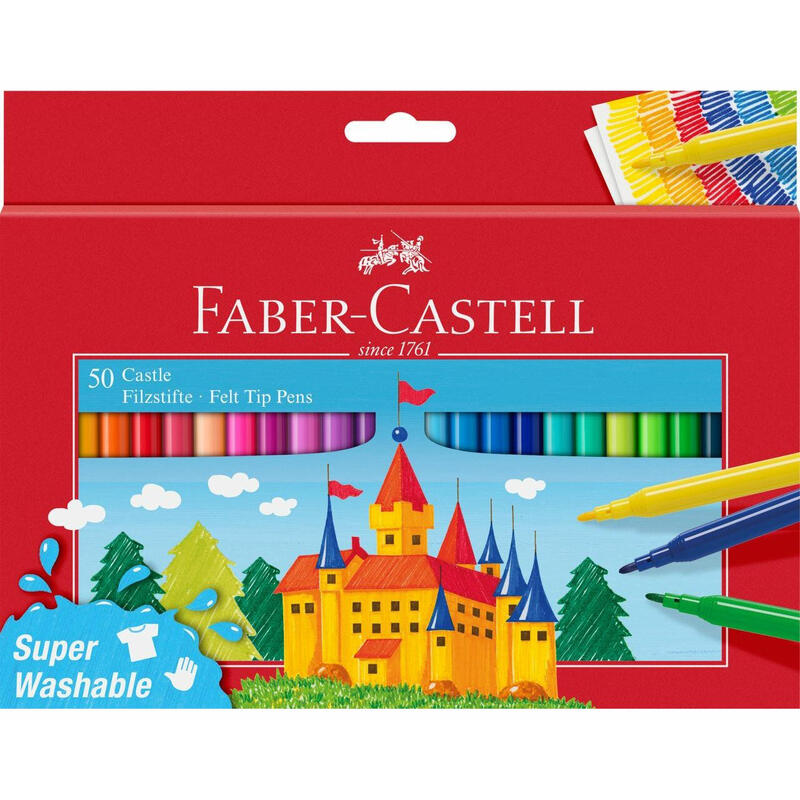 faber-castell-castle-pack-de-50-rotuladores-tinta-con-base-de-agua-lavable-colores-surtidos