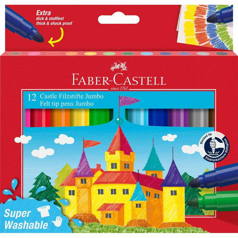 faber-castell-jumbo-pack-de-12-rotuladores-punta-gruesa-tinta-con-base-de-agua-lavable-colores-surtidos