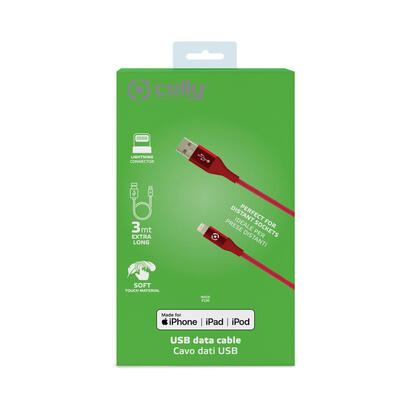 celly-usblightcol3mrd-cable-de-conector-lightning-3-m-rojo