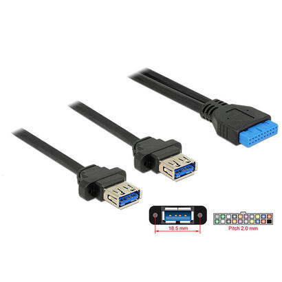 delock-85244-base-de-conexiones-del-cable-usb-30-hembra-de-19-contactos-200-mm-2-x-usb-30-tipo-a-hembra-de-instalacion-en-panel-