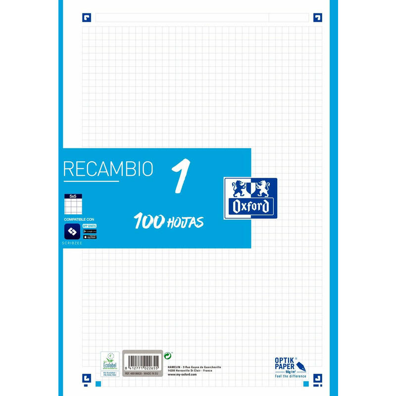 oxford-recambio-classic-1-color-100h-20h-gratis-a4-90gr-5x5mm-4taladros-banda-azul-turquesa