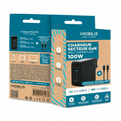 mobilis-charger-100w-2usb-c-1usba-gan-cable-100w-portatil-smartphone-tableta-negro-corriente-alterna-interior