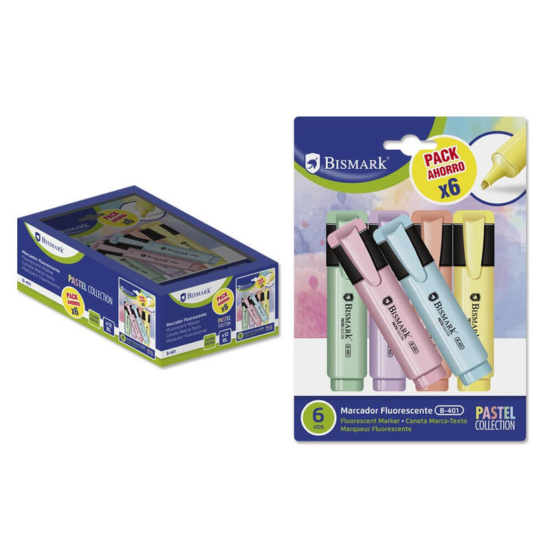 bismark-pack-de-6-rotuladores-fluorescente-pastel-tinta-de-secado-rapido-punta-biselada-ideal-para-subrayar-y