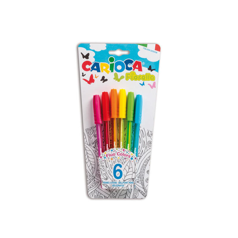carioca-fiorella-pack-de-6-boligrafos-punta-de-esfera-cuerpo-transparente-fluo-escritura-brillante-y-colorida-