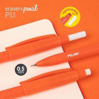 milan-portaminas-pl1-eraserpencil-05mm-hb-caja-expositora-20-naranja