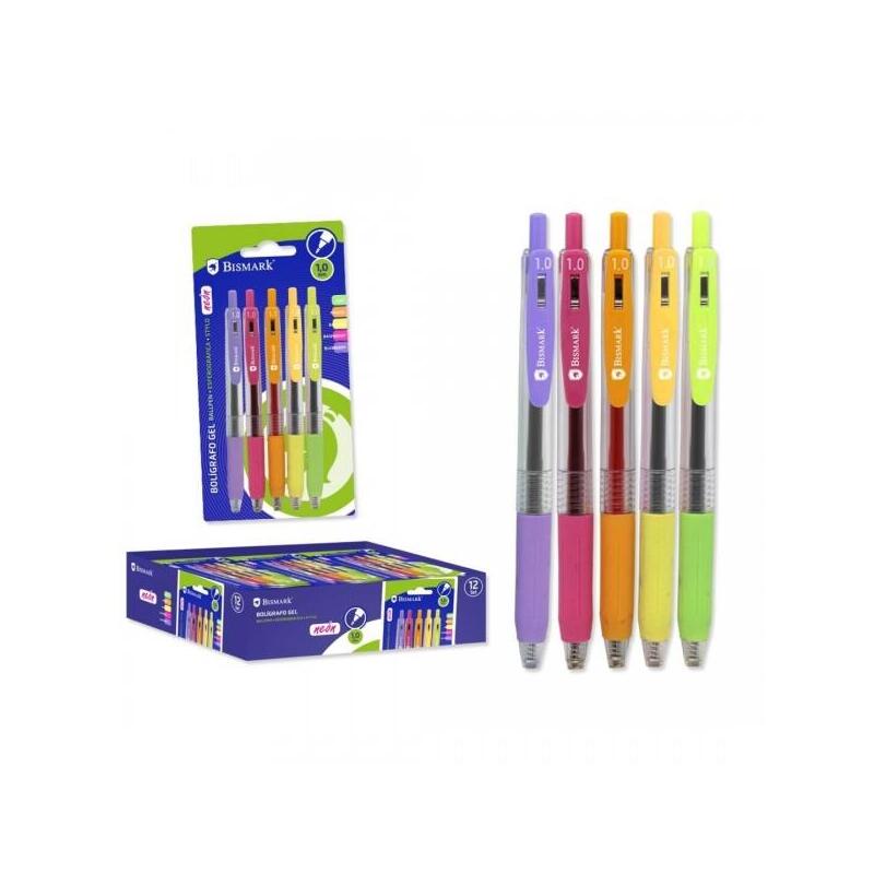 bismark-pack-de-5-boligrafos-retractiles-tinta-gel-punta-10mm-escritura-suave-colores-neon-surtidos