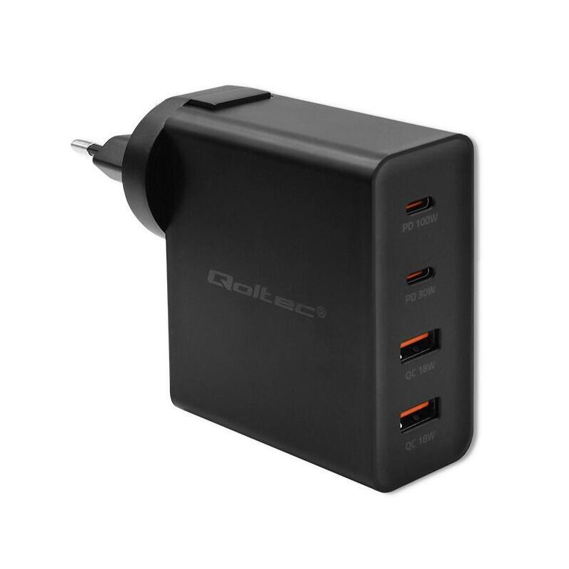 qoltec-52383-gan-power-pro-charger-2xusb-c-2xusb-130w-5-20v-15-5a-pd-black