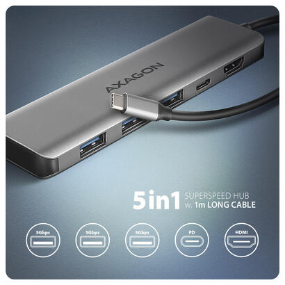 axagon-hmc-5h-usb-c-32-gen-1-hub-3x-usb-a-4k-hdmi-pd-100w-plata