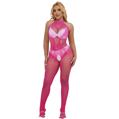 subblime-952389-bodystocking-crotchless-de-rejilla-y-encaje-con-cuello-alto-rosa-talla-unica