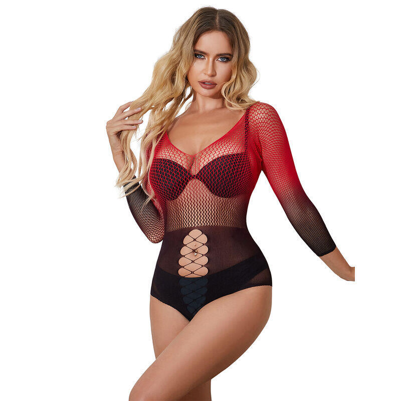 subblime-952259-bodystocking-de-rejilla-elstico-manga-larga-degradado-rojo-y-negro-talla-unica