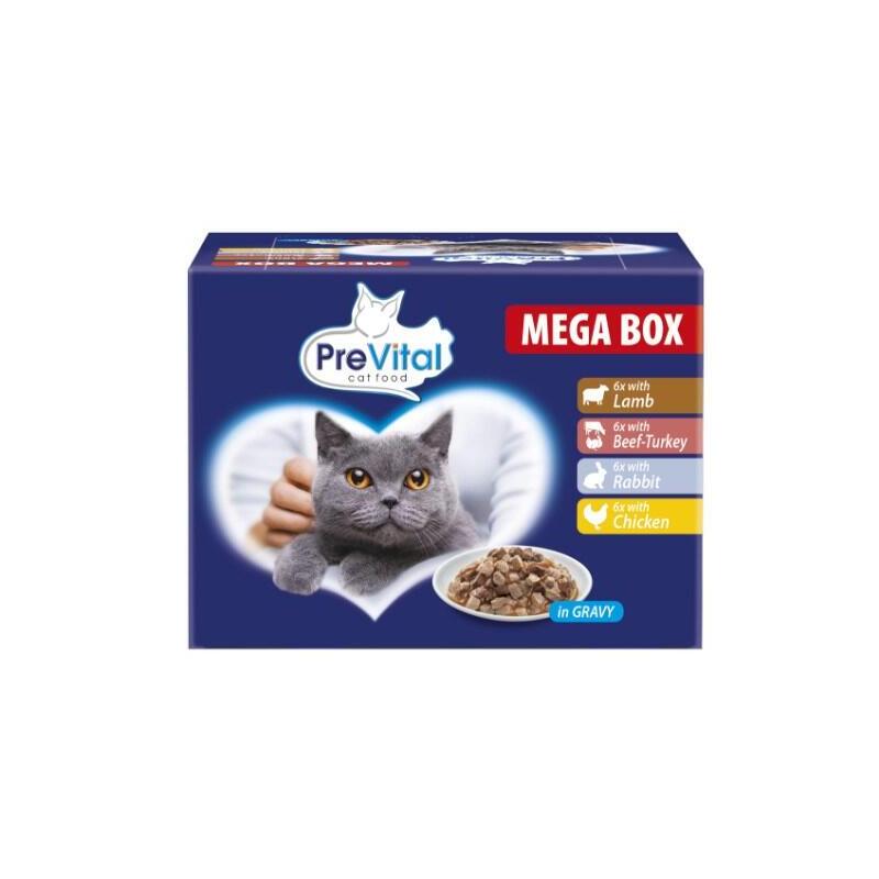 prevital-comida-para-gatos-megabox-con-cordero-ternera-conejo-y-pollo-en-salsa-comida-humeda-para-gatos-24-x-100g