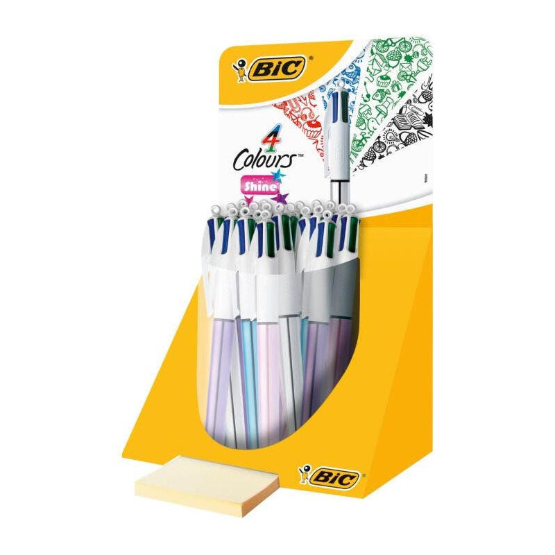 bic-4-colours-shine-expositor-de-20-boligrafos-de-bola-retractil-punta-media-de-10mm-tinta-con-base-de-aceite-cuerpo-de-colores-