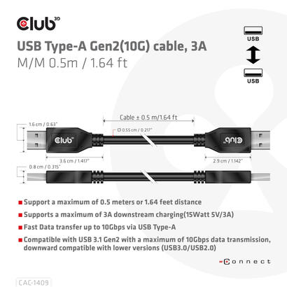 club3d-cac-1409-cable-usb-usb-32-gen-2-31-gen-2-05-m-usb-a-negro