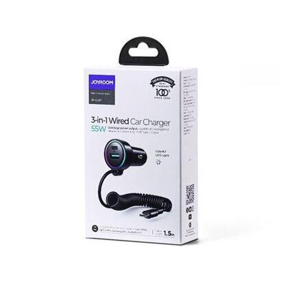 joyroom-car-charger-3-in-1-cu-with-type-c-coiled-cable-15m-55w-black-jr-cl07