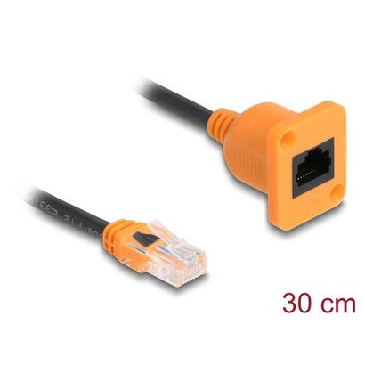 delock-d-typ-rj45-cable-stecker-zu-buchse-cat5e-utp-naranja-schwarz-30-cm