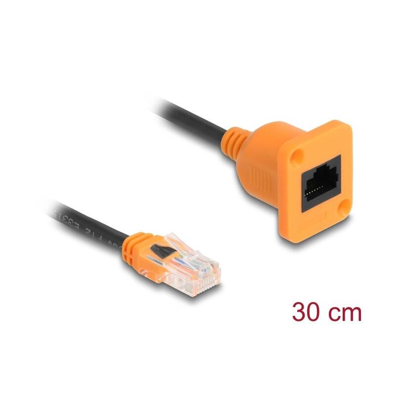 delock-d-typ-rj45-cable-stecker-zu-buchse-cat5e-utp-naranja-schwarz-30-cm