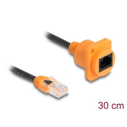 delock-d-typ-rj45-cable-stecker-zu-buchse-cat5e-utp-naranja-schwarz-30-cm