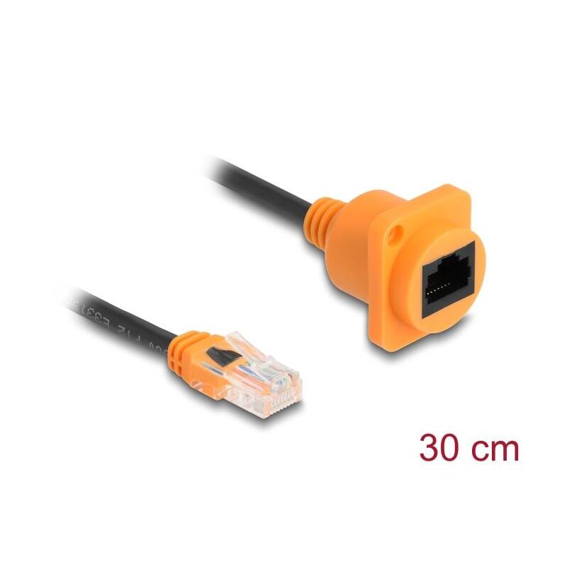 delock-d-typ-rj45-cable-stecker-zu-buchse-cat5e-utp-naranja-schwarz-30-cm