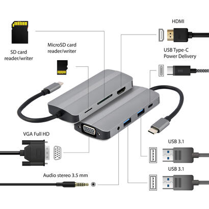 gembird-a-cm-combo8-02-usb-tipo-c-8in1-multi-port-adapter-hub-hdmi-vga-pd-card-reader-stereo-audio-silver