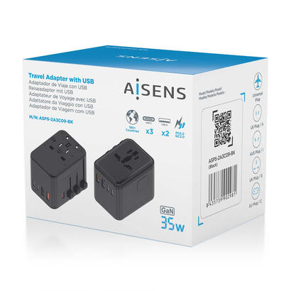 aisens-adaptador-enchufe-universal-para-viaje-euusaukau-con-cargador-usb-gan-2xusb-a-a1-qc30-3xusb-c-c1-pd30-35w-negro