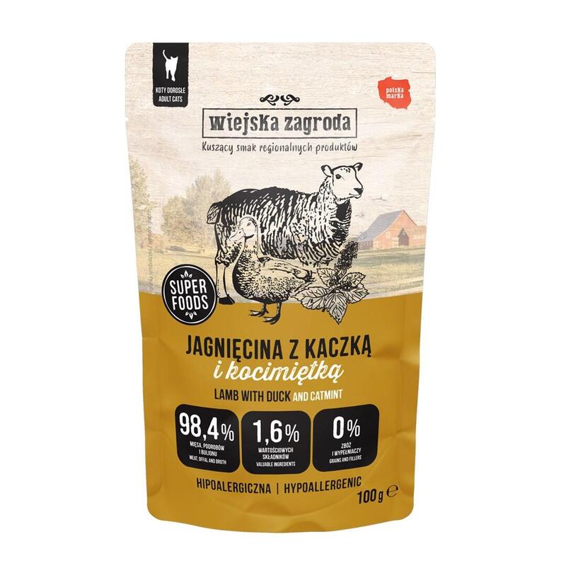 comida-humeda-para-gatos-wiejska-zagroda-cordero-con-pato-y-hierba-gatera-100g