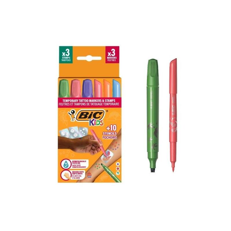 bic-kids-tatuajes-temporales-pack-de-3-sellos-3-rotuladores-10-plantillas-tinta-dermatologicamente-testada-y-sin