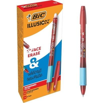 pack-de-12-unidades-bic-illusions-boligrafo-borrable-punta-media-de-07mm-grip-de-goma-recargable-rojo