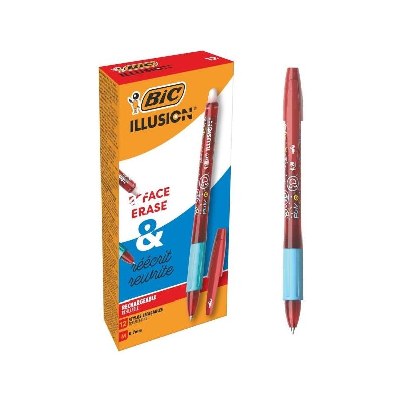 pack-de-12-unidades-bic-illusions-boligrafo-borrable-punta-media-de-07mm-grip-de-goma-recargable-rojo
