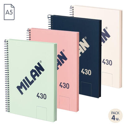 milan-libreta-con-espiral-a5-80-hojas-95gr-papel-blanco-serie-1918-pack-4-colores-surtidos