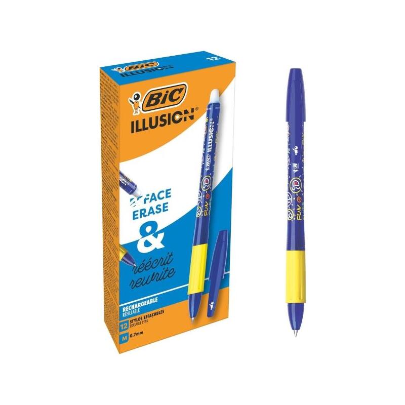 pack-de-12-unidades-bic-illusions-boligrafo-borrable-punta-media-de-07mm-grip-de-goma-recargable-azul