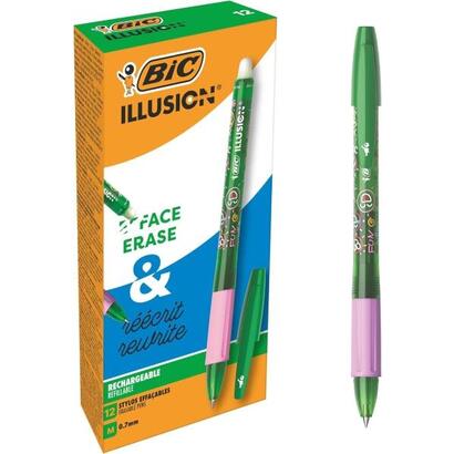 pack-de-12-unidades-bic-illusions-boligrafo-borrable-punta-media-de-07mm-grip-de-goma-recargable-verde