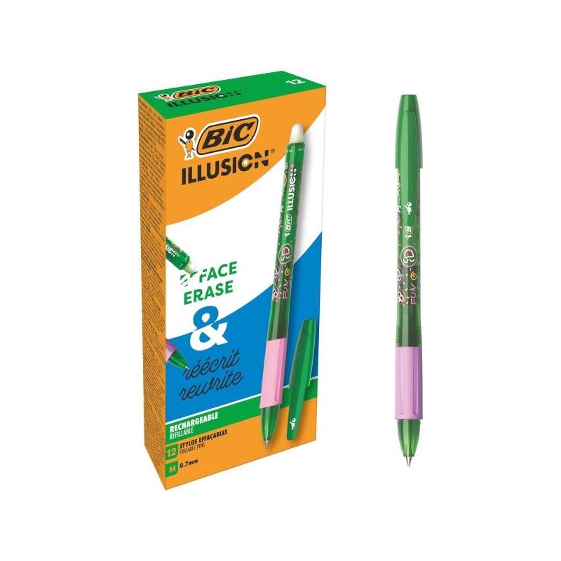 pack-de-12-unidades-bic-illusions-boligrafo-borrable-punta-media-de-07mm-grip-de-goma-recargable-verde